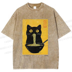 Unisex Ramen Cat Printed Washed Tee