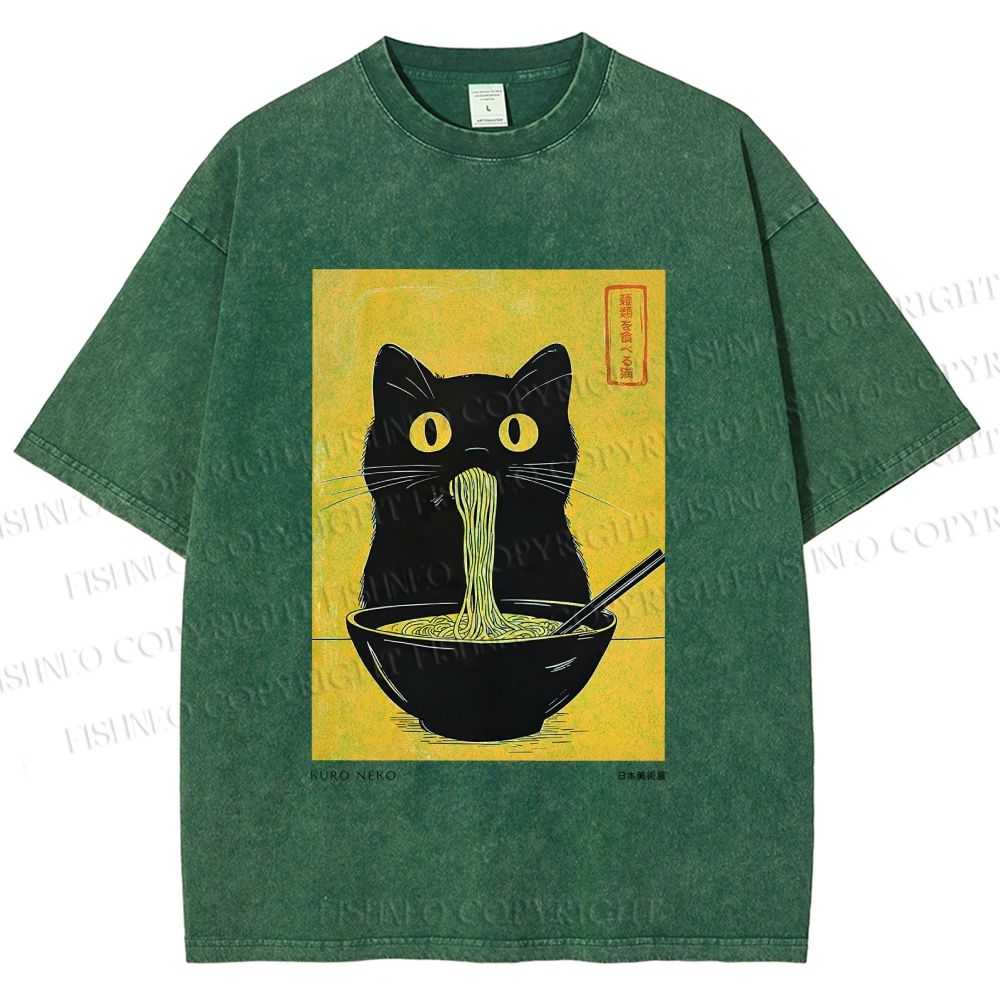 Unisex Ramen Cat Printed Washed Tee