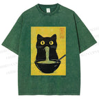 Unisex Ramen Cat Printed Washed Tee