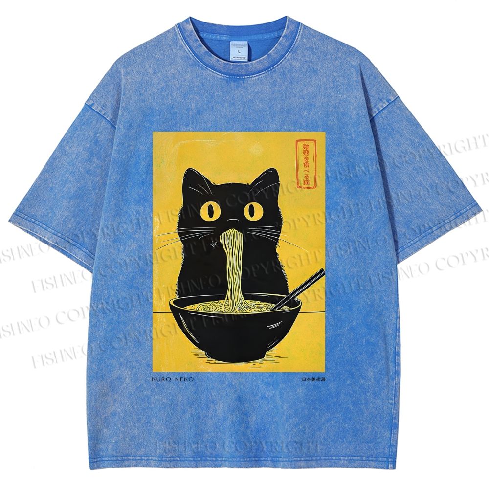 Unisex Ramen Cat Printed Washed Tee