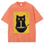 Unisex Ramen Cat Printed Washed Tee