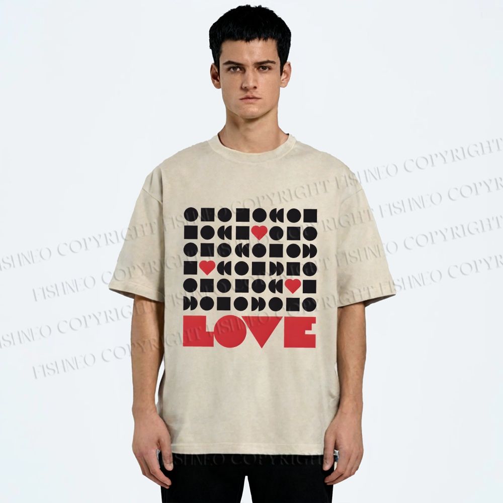 Unisex Geometric Heart Love Printed Washed Tee