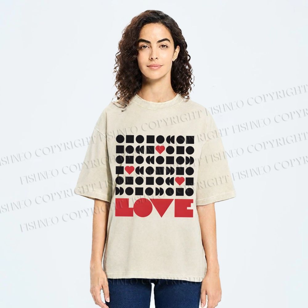 Unisex Geometric Heart Love Printed Washed Tee