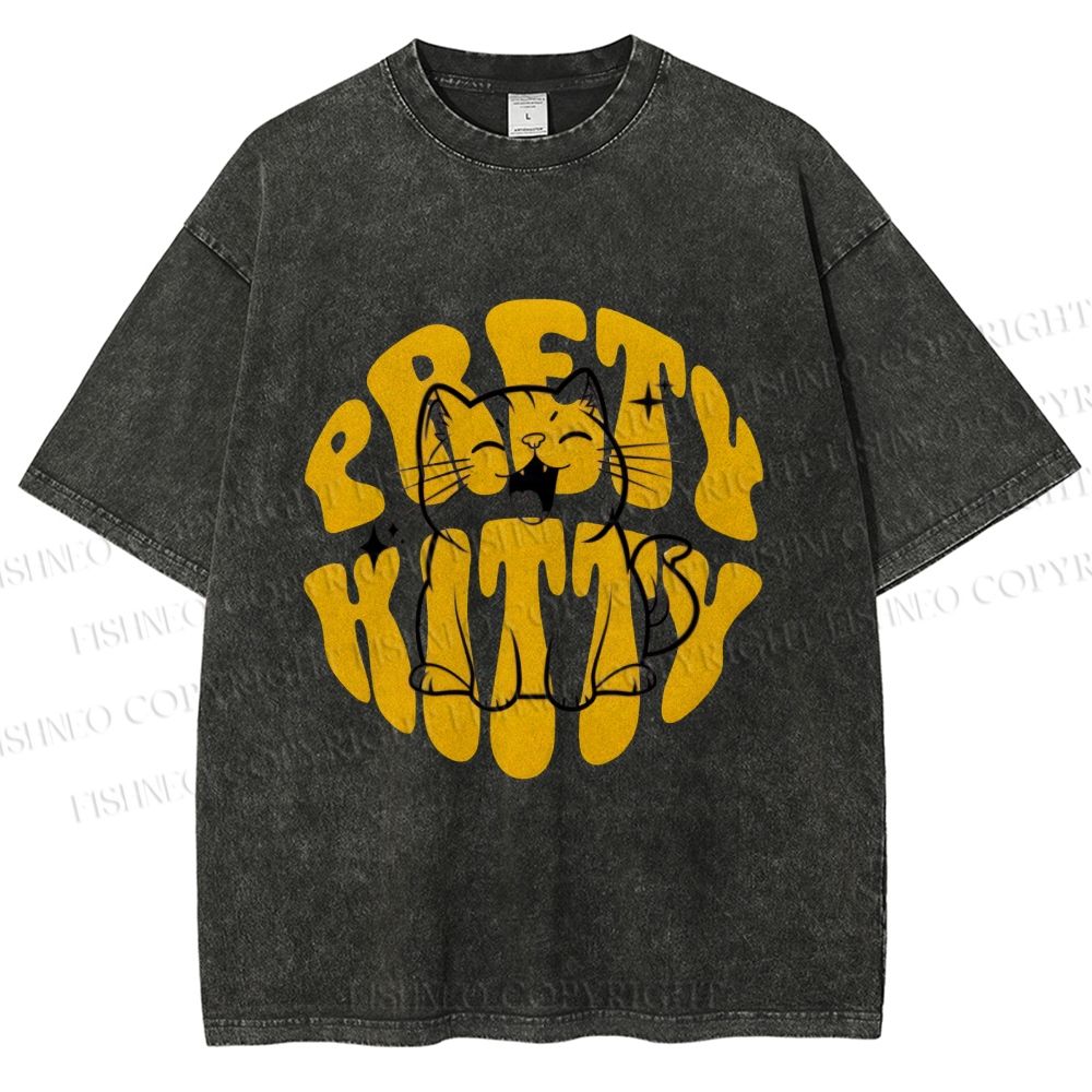 Unisex Pretty Kitty Cat Printed Washed Tee