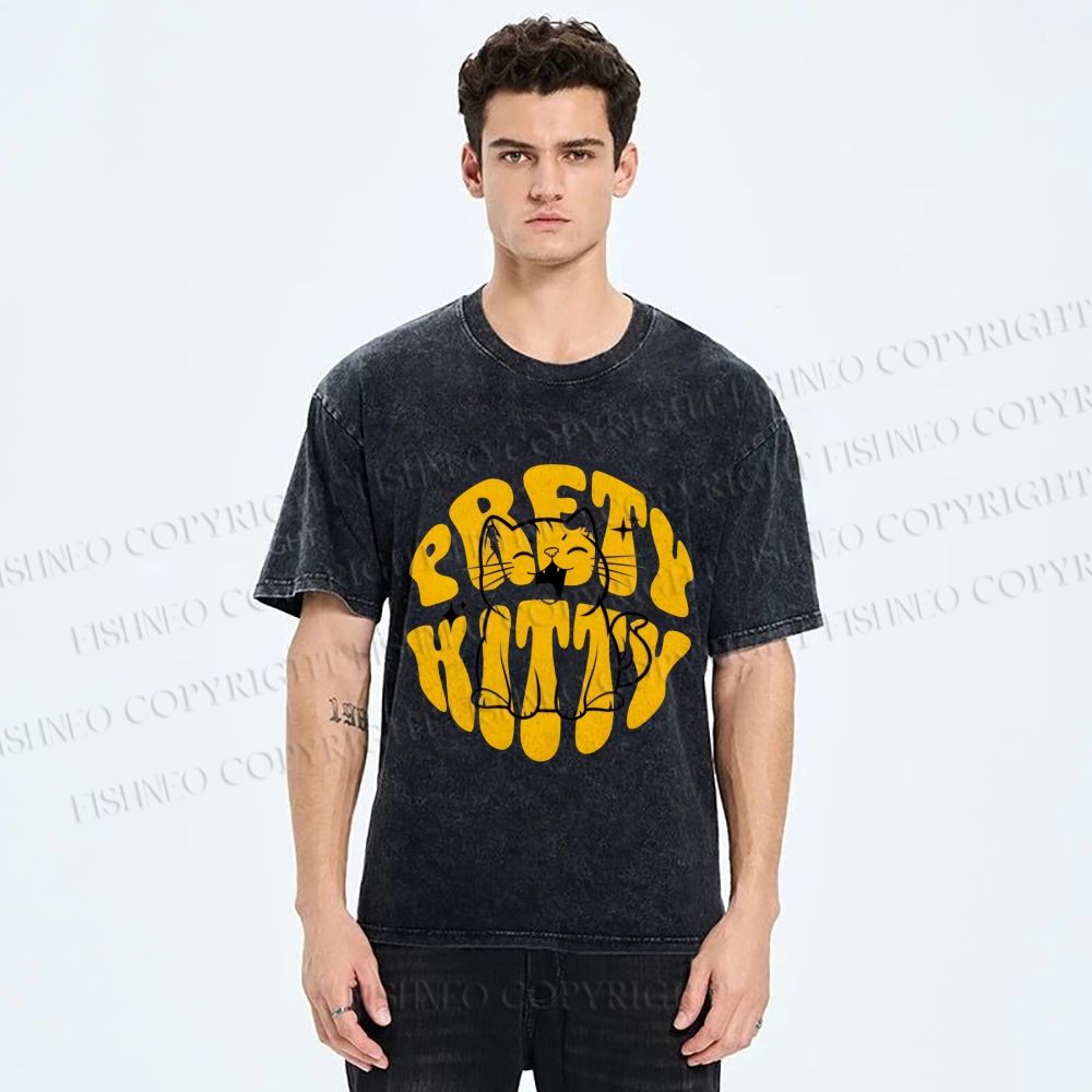 Unisex Pretty Kitty Cat Printed Washed Tee