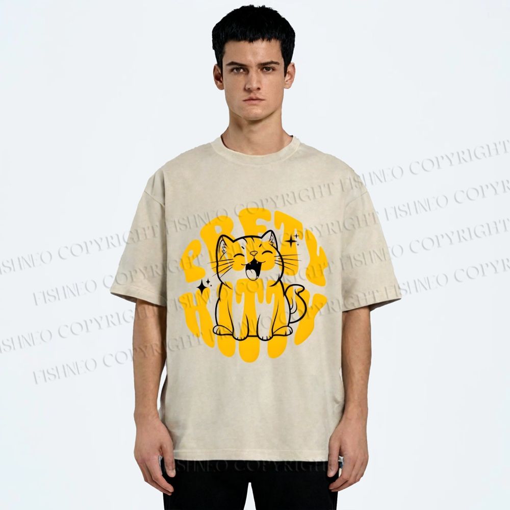 Unisex Pretty Kitty Cat Printed Washed Tee