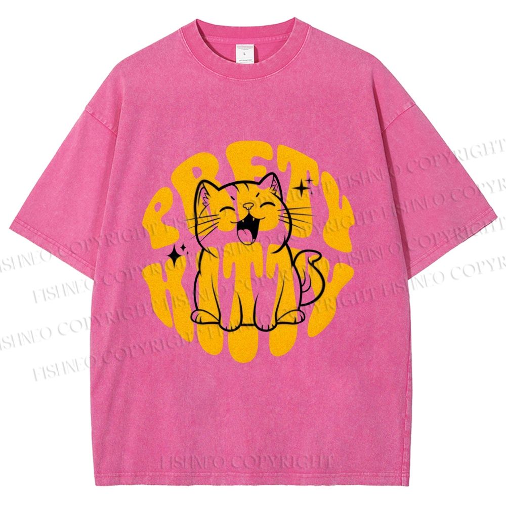 Unisex Pretty Kitty Cat Printed Washed Tee