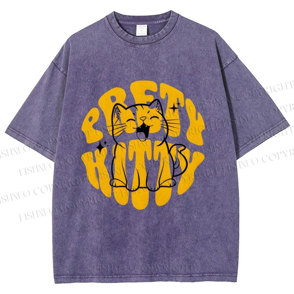 Unisex Pretty Kitty Cat Printed Washed Tee