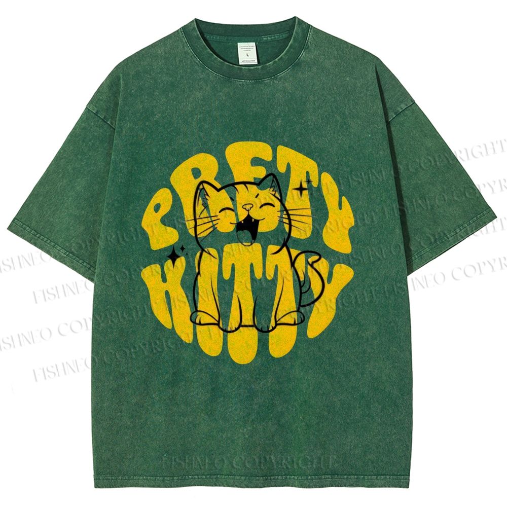 Unisex Pretty Kitty Cat Printed Washed Tee