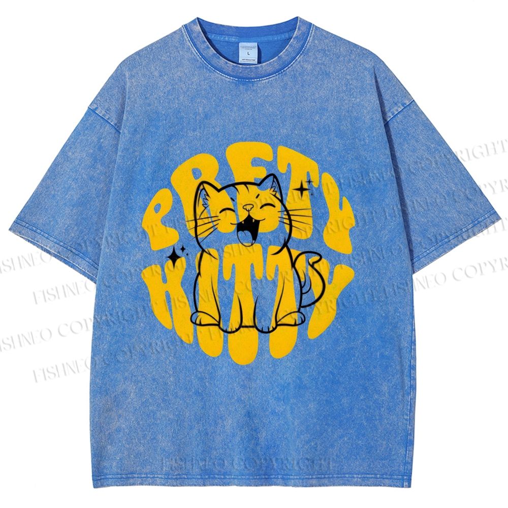 Unisex Pretty Kitty Cat Printed Washed Tee