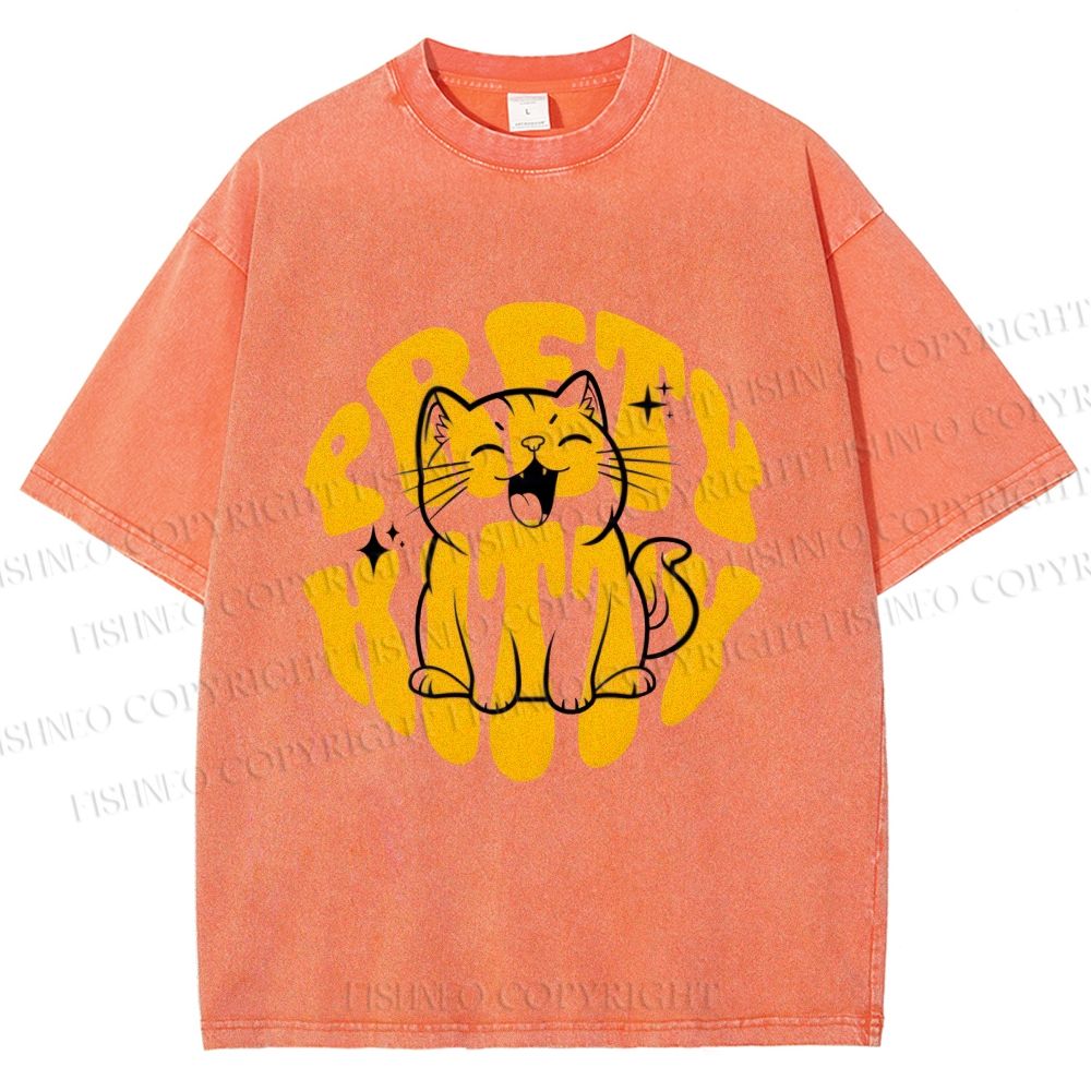 Unisex Pretty Kitty Cat Printed Washed Tee