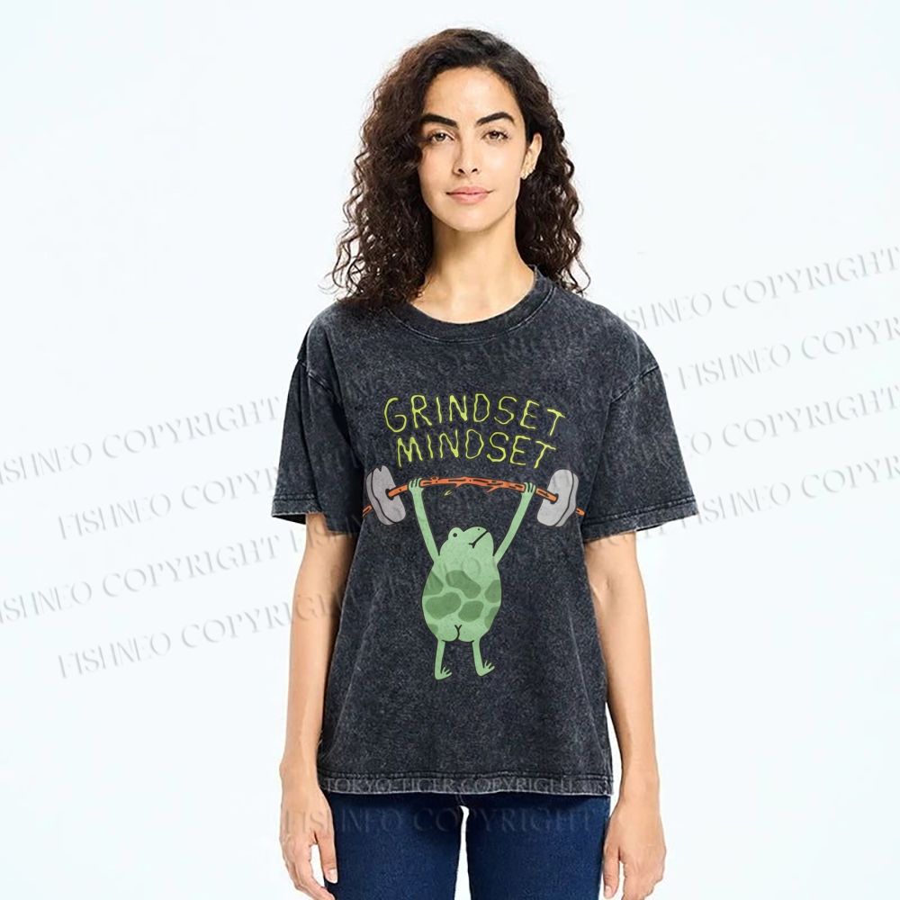Unisex Grindset Mindset Frog Printed Washed Tee