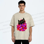 Unisex Black Cat With Hearts Printed Washed Tee