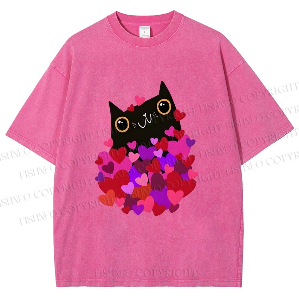 Unisex Black Cat With Hearts Printed Washed Tee