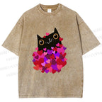 Unisex Black Cat With Hearts Printed Washed Tee