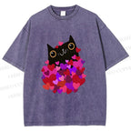 Unisex Black Cat With Hearts Printed Washed Tee
