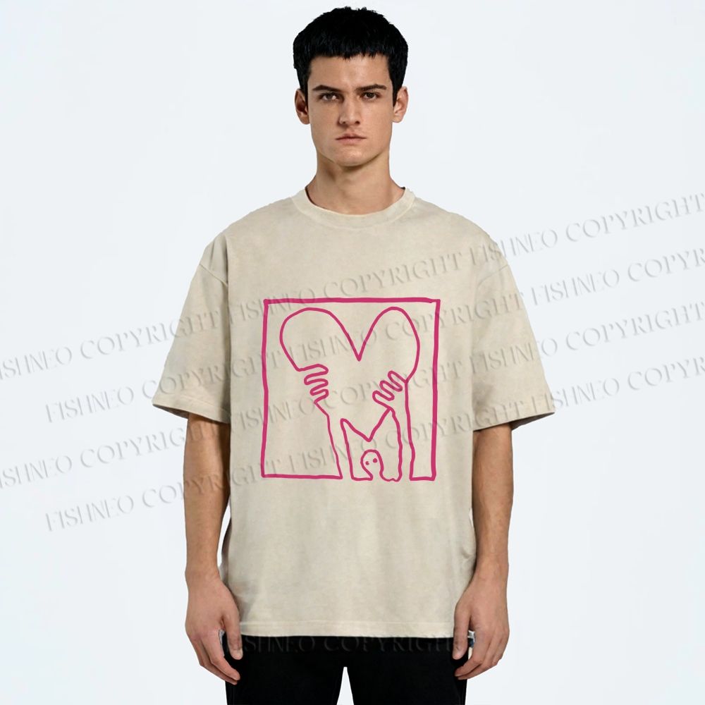 Unisex Heart Printed Washed Tee