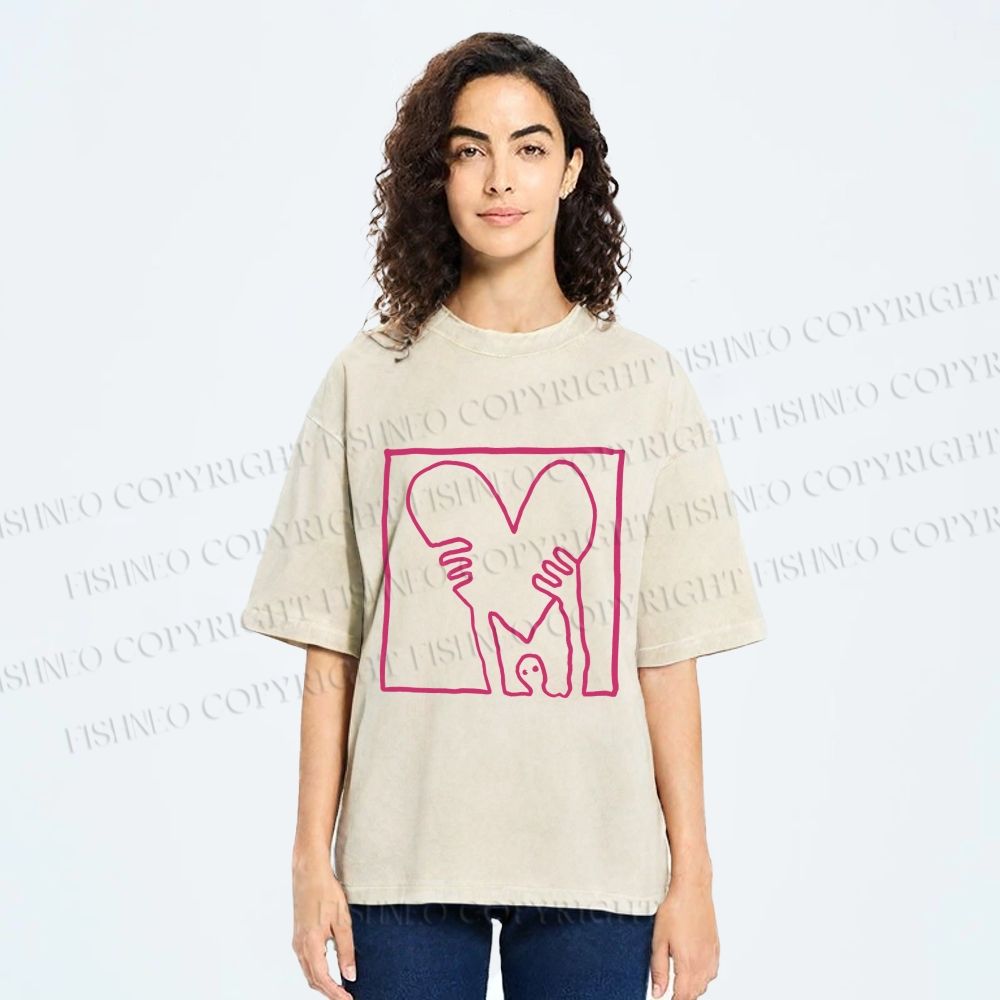 Unisex Heart Printed Washed Tee