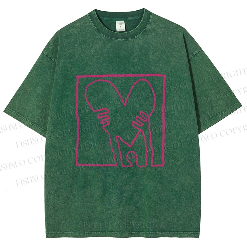 Unisex Heart Printed Washed Tee