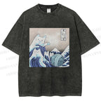 Unisex Japanese Ukiyo-e Wave Cats Printed Washed Tee