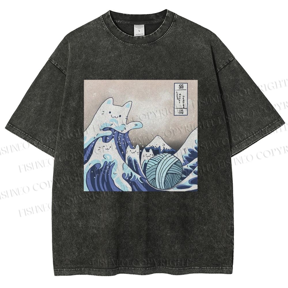 Unisex Japanese Ukiyo-e Wave Cats Printed Washed Tee