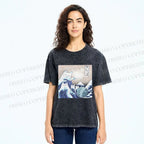 Unisex Japanese Ukiyo-e Wave Cats Printed Washed Tee
