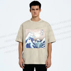 Unisex Japanese Ukiyo-e Wave Cats Printed Washed Tee