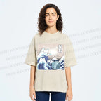 Unisex Japanese Ukiyo-e Wave Cats Printed Washed Tee