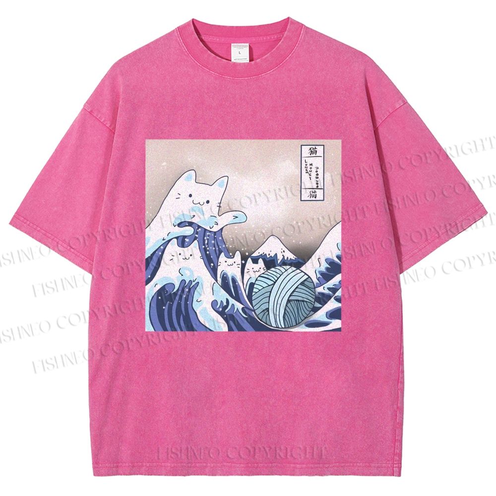 Unisex Japanese Ukiyo-e Wave Cats Printed Washed Tee