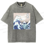 Unisex Japanese Ukiyo-e Wave Cats Printed Washed Tee