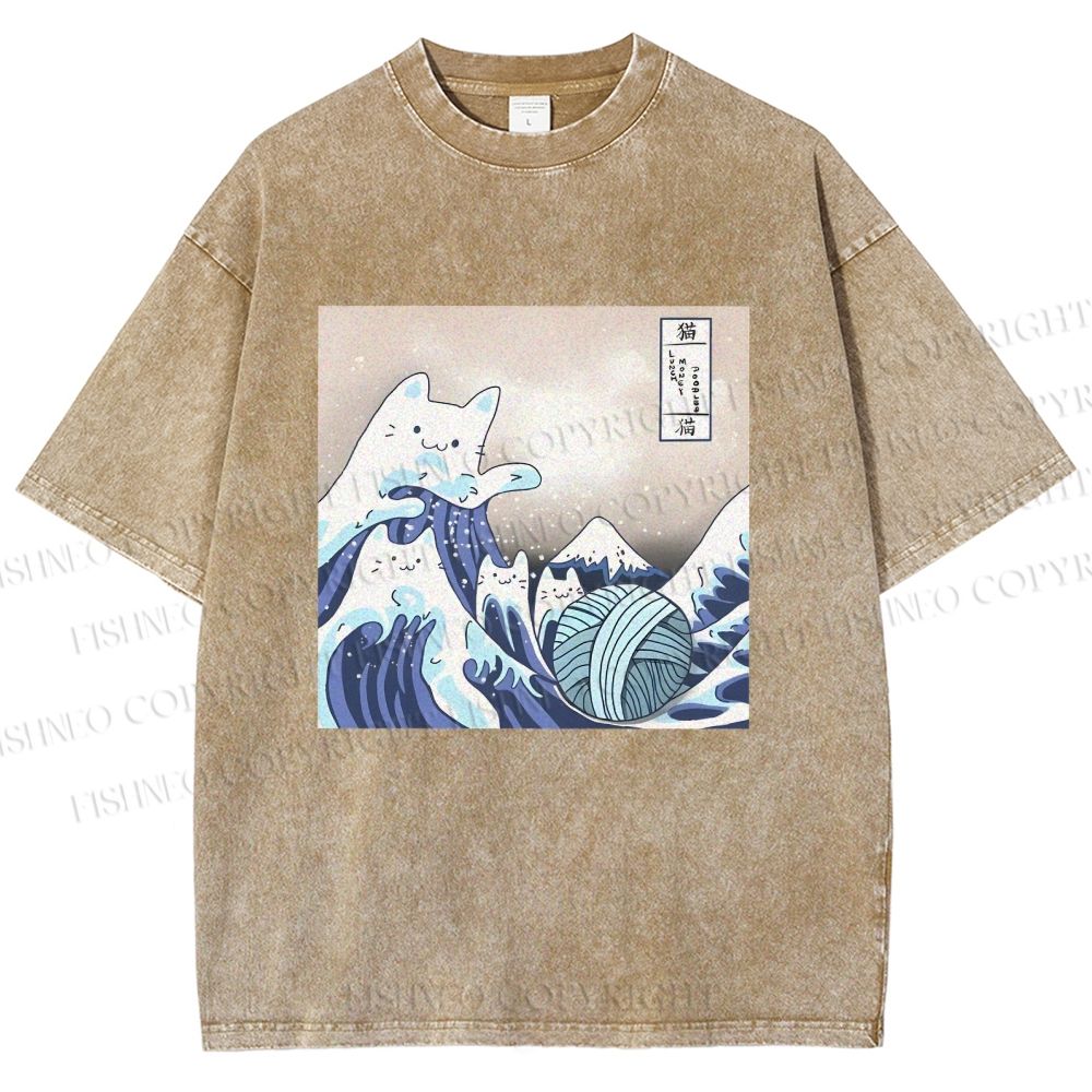 Unisex Japanese Ukiyo-e Wave Cats Printed Washed Tee