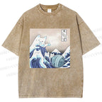 Unisex Japanese Ukiyo-e Wave Cats Printed Washed Tee