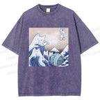 Unisex Japanese Ukiyo-e Wave Cats Printed Washed Tee