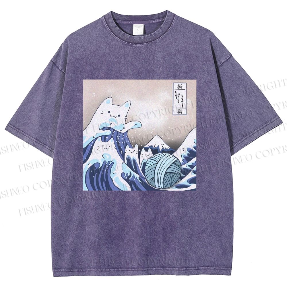 Unisex Japanese Ukiyo-e Wave Cats Printed Washed Tee