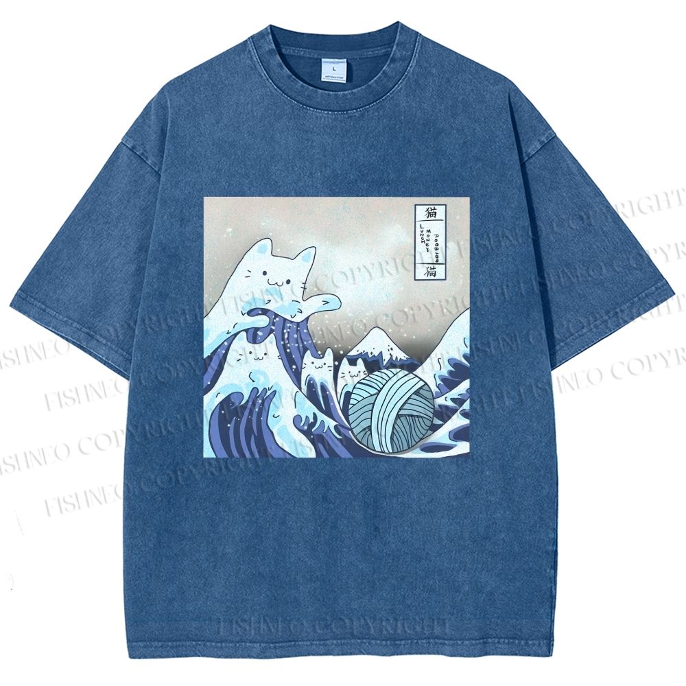 Unisex Japanese Ukiyo-e Wave Cats Printed Washed Tee