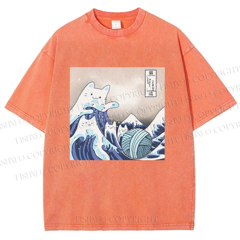Unisex Japanese Ukiyo-e Wave Cats Printed Washed Tee