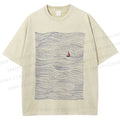 Unisex Small Boat in Wave Printed Washed Tee