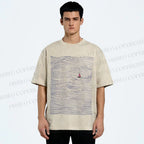 Unisex Small Boat in Wave Printed Washed Tee