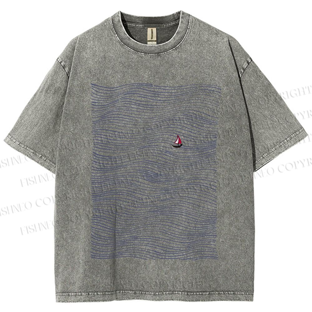 Unisex Small Boat in Wave Printed Washed Tee