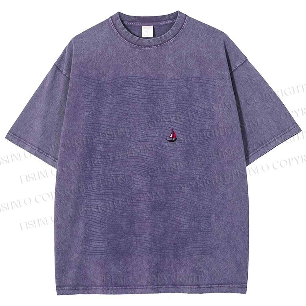 Unisex Small Boat in Wave Printed Washed Tee