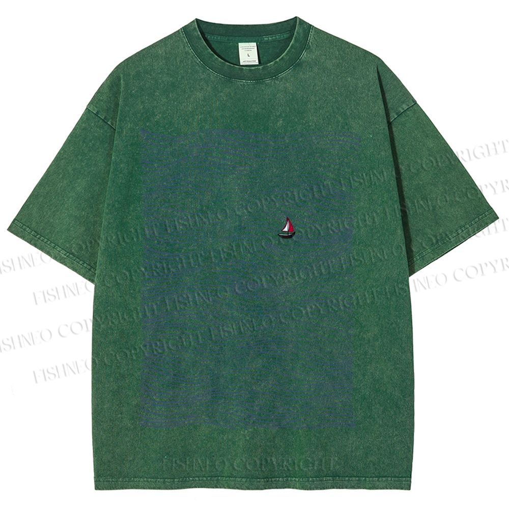 Unisex Small Boat in Wave Printed Washed Tee