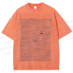 Unisex Small Boat in Wave Printed Washed Tee