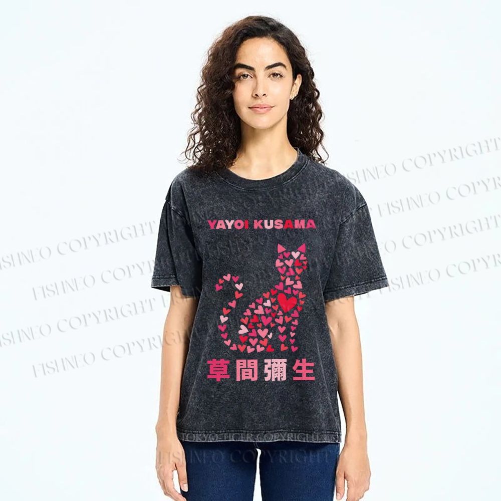 Unisex Yayoi Kusama Pink Cat With Hearts Printed Washed Tee