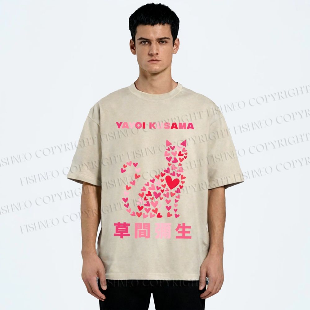 Unisex Yayoi Kusama Pink Cat With Hearts Printed Washed Tee