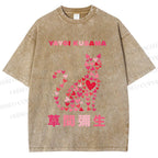 Unisex Yayoi Kusama Pink Cat With Hearts Printed Washed Tee
