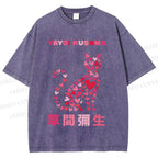 Unisex Yayoi Kusama Pink Cat With Hearts Printed Washed Tee