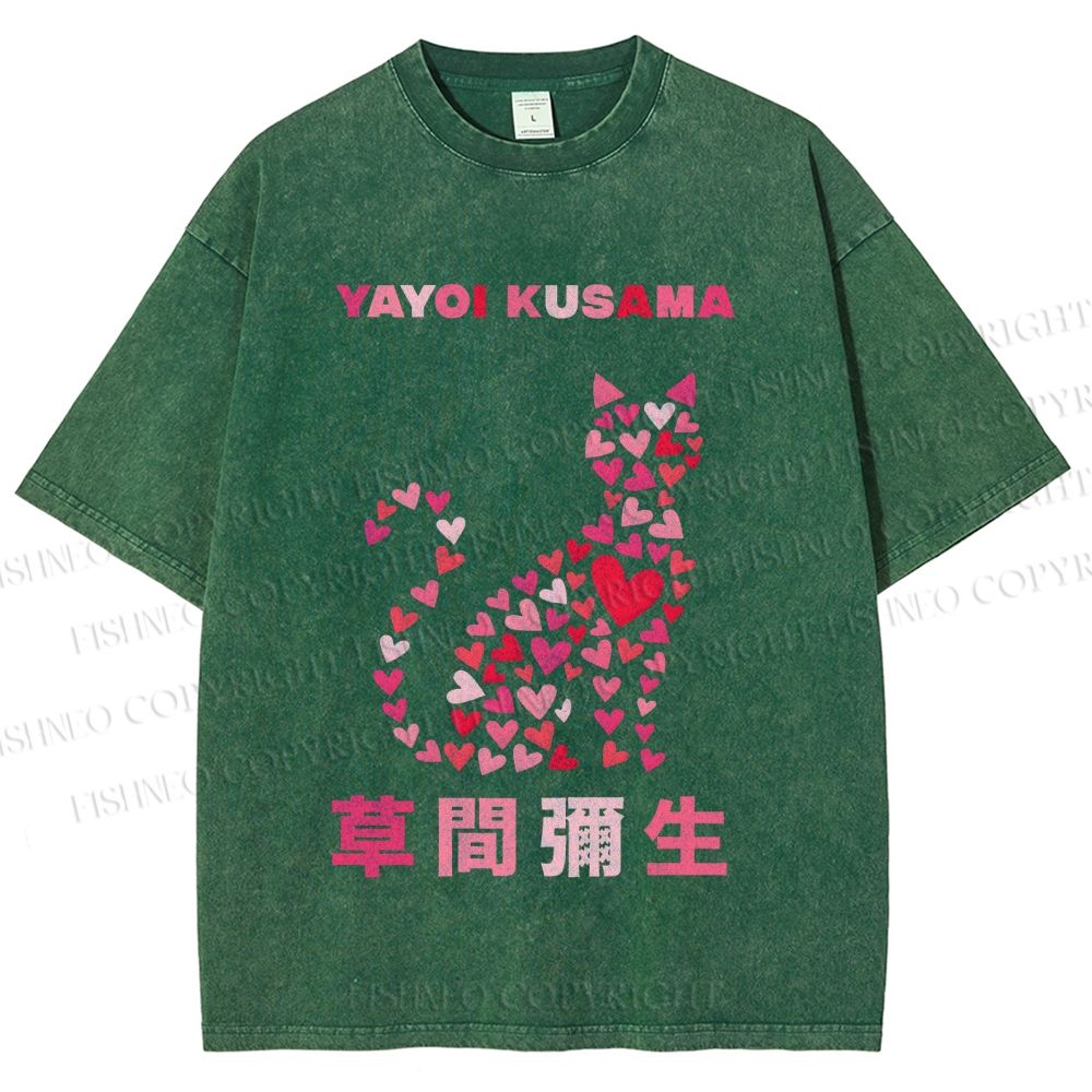 Unisex Yayoi Kusama Pink Cat With Hearts Printed Washed Tee