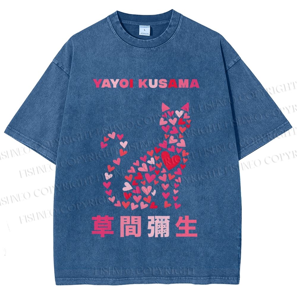Unisex Yayoi Kusama Pink Cat With Hearts Printed Washed Tee