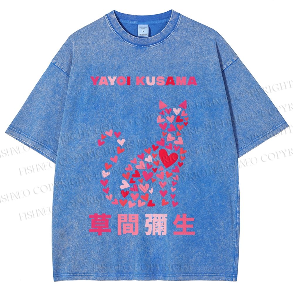Unisex Yayoi Kusama Pink Cat With Hearts Printed Washed Tee