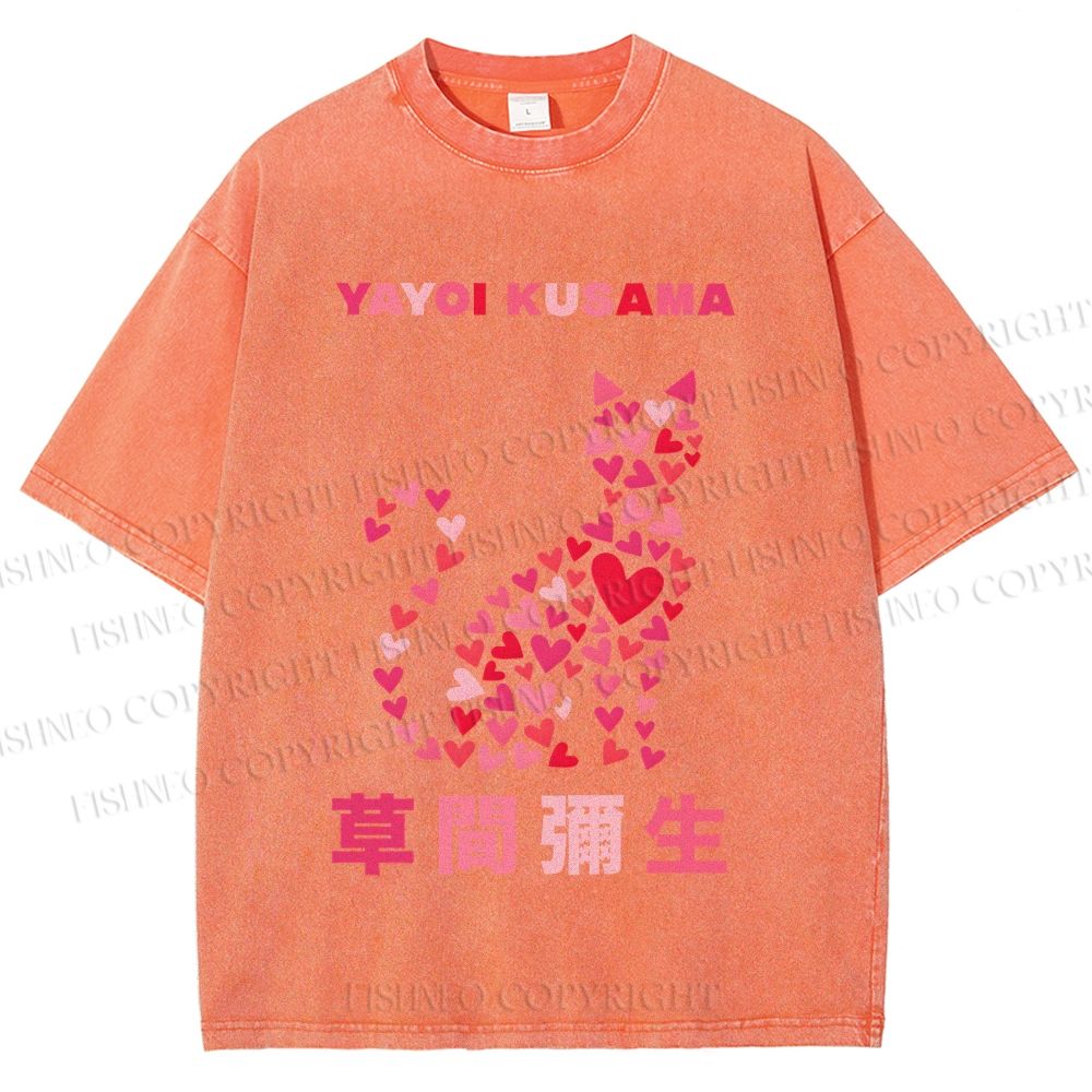 Unisex Yayoi Kusama Pink Cat With Hearts Printed Washed Tee